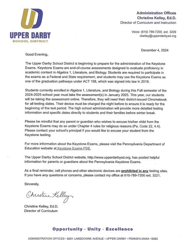   2024-2025 Keystone Letter to Parents